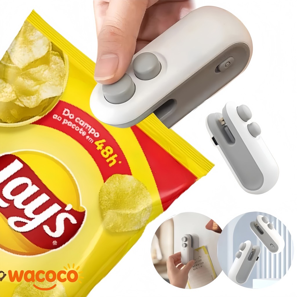 Mini Máquina Seladora Portátil 2 em 1 Elétrica – Carregamento USB para Saco Plástico e Embalagens