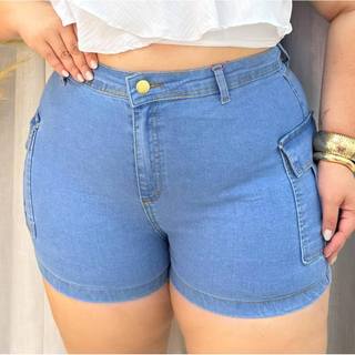 Short cargo Jeans feminino Plus size com lycra (estica), cintura alta