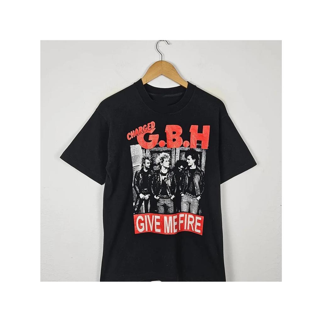 GBH Dê-me Fogo Camiseta de Rock Punk para Homens - Preto com Impress?o de Banda Vermelha e Branca, Design de Rock Punk o