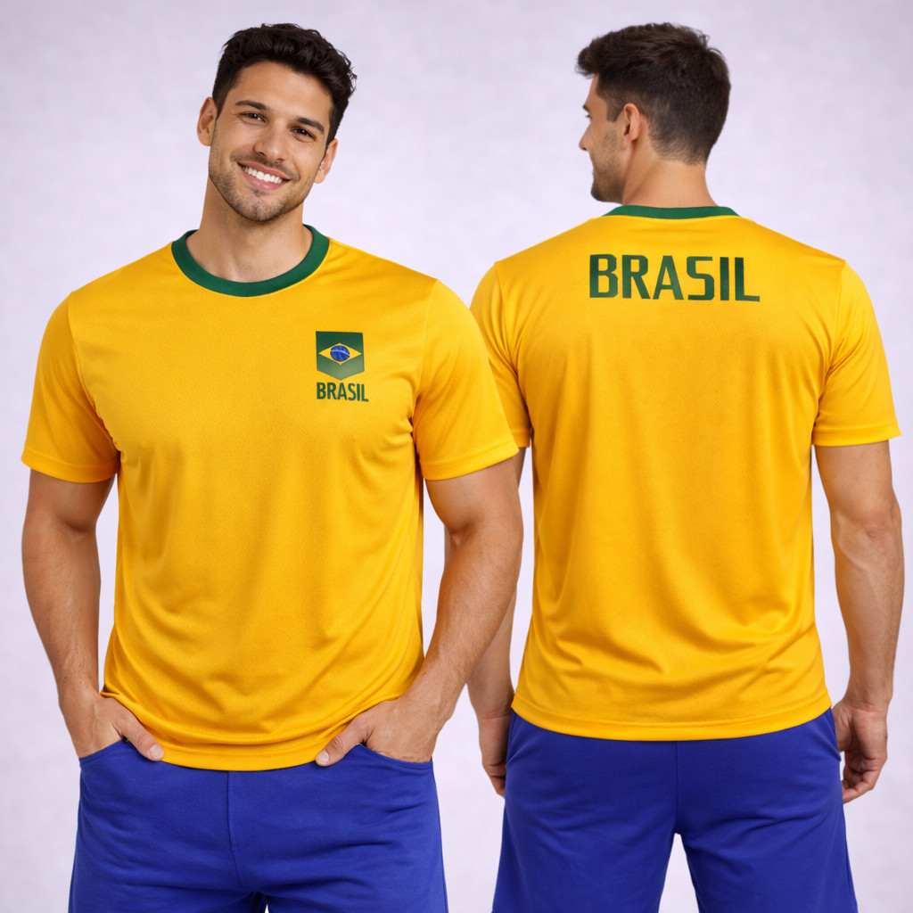 Camisa Do Brasil Masculina Torcedor Amarela Slim Manga Curta