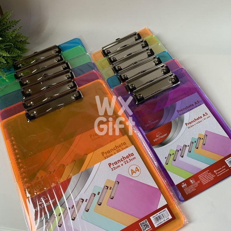 Prancheta A4 ou A5 22x15cm Neon Transparente com Régua nas Laterais - Win Paper / WX Gift
