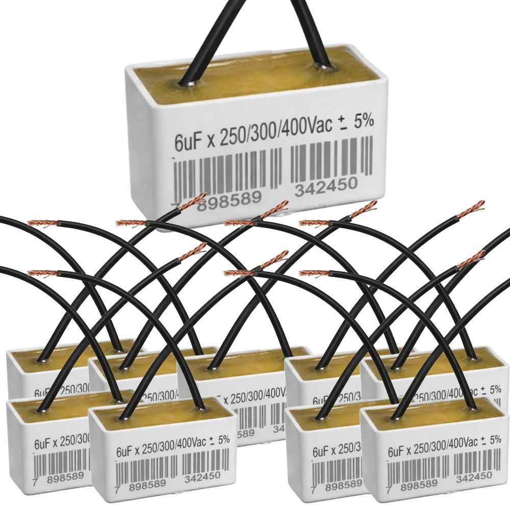 KIT 10 CAPACITOR 2 FIOS QUADRADO 6UF X 250 400V TRI