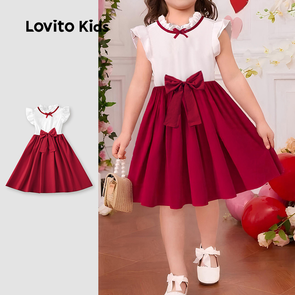 Lovito Vestido Infantil Fofo Com Babados E Laço Vermelho Para Meninas Primavera/verão L162LD277 em Oferta na Shopee