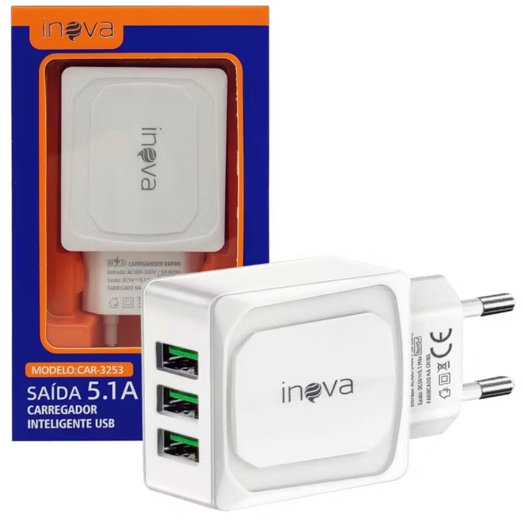 Inova Carregador Celular 3 Entradas Usb Fonte Tomada 5.1A Turbo Rápido