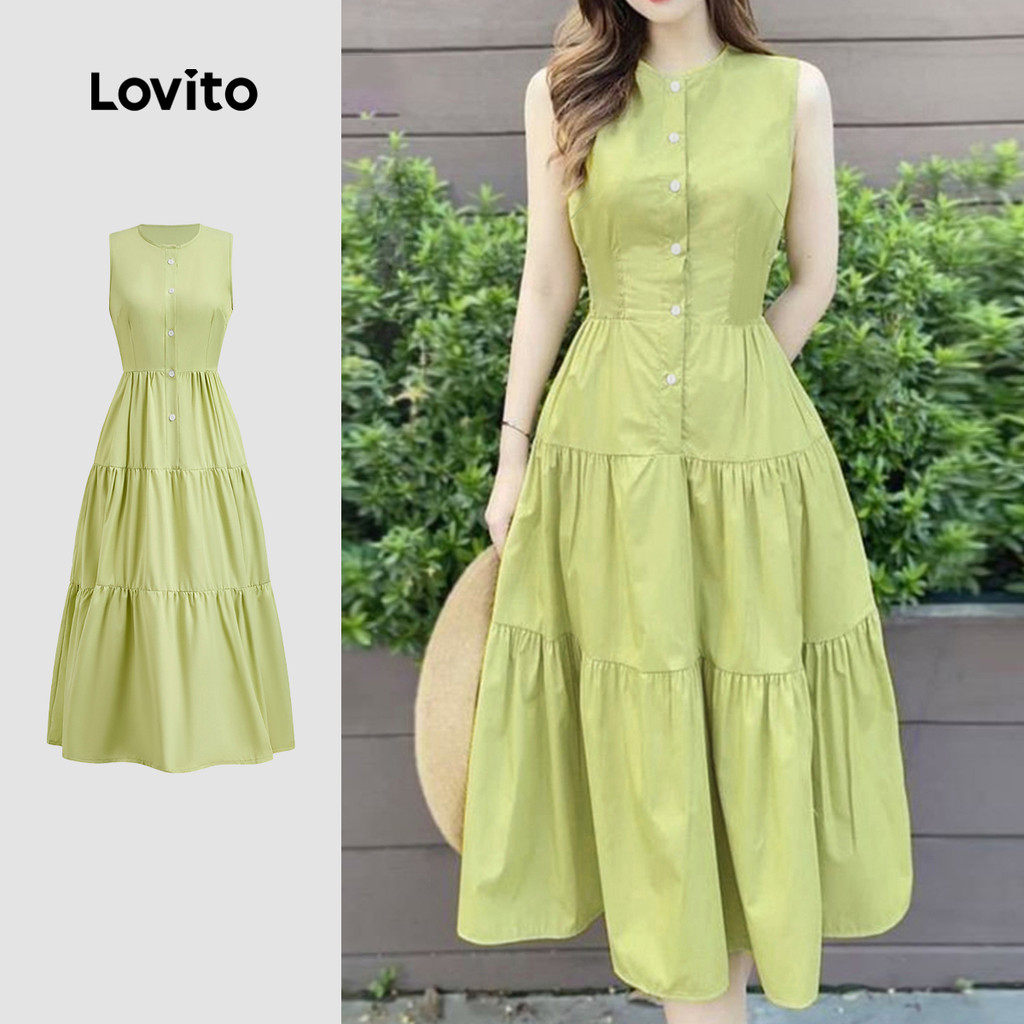 Lovito Vestido Casual Estruturado Com Botões Verde Para Primavera/verão L149ED1235 em Oferta na Shopee