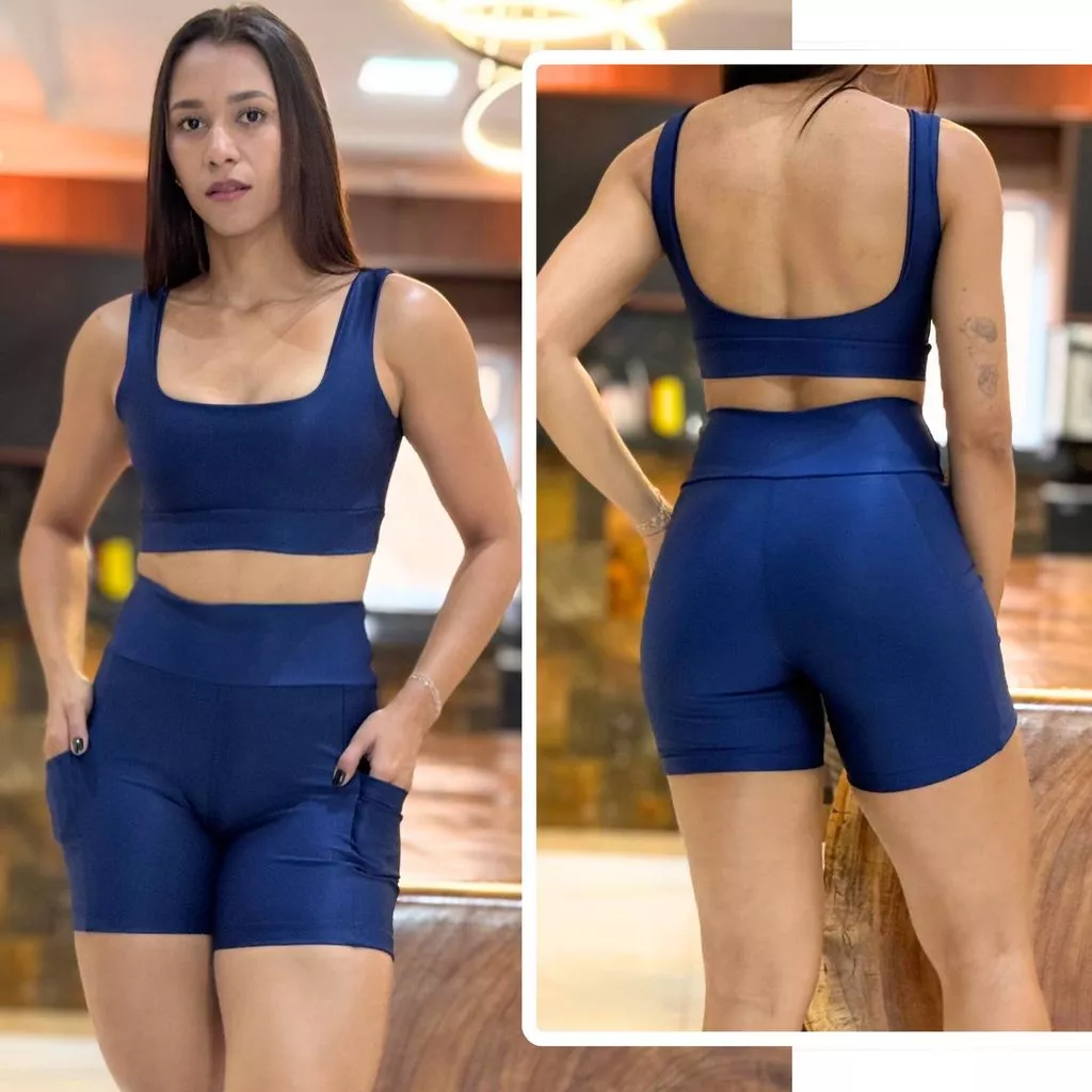 Conjunto de Academia Feminino Fitness Short com Bolso + Top, Zero Tranparência com Cintura Alta
