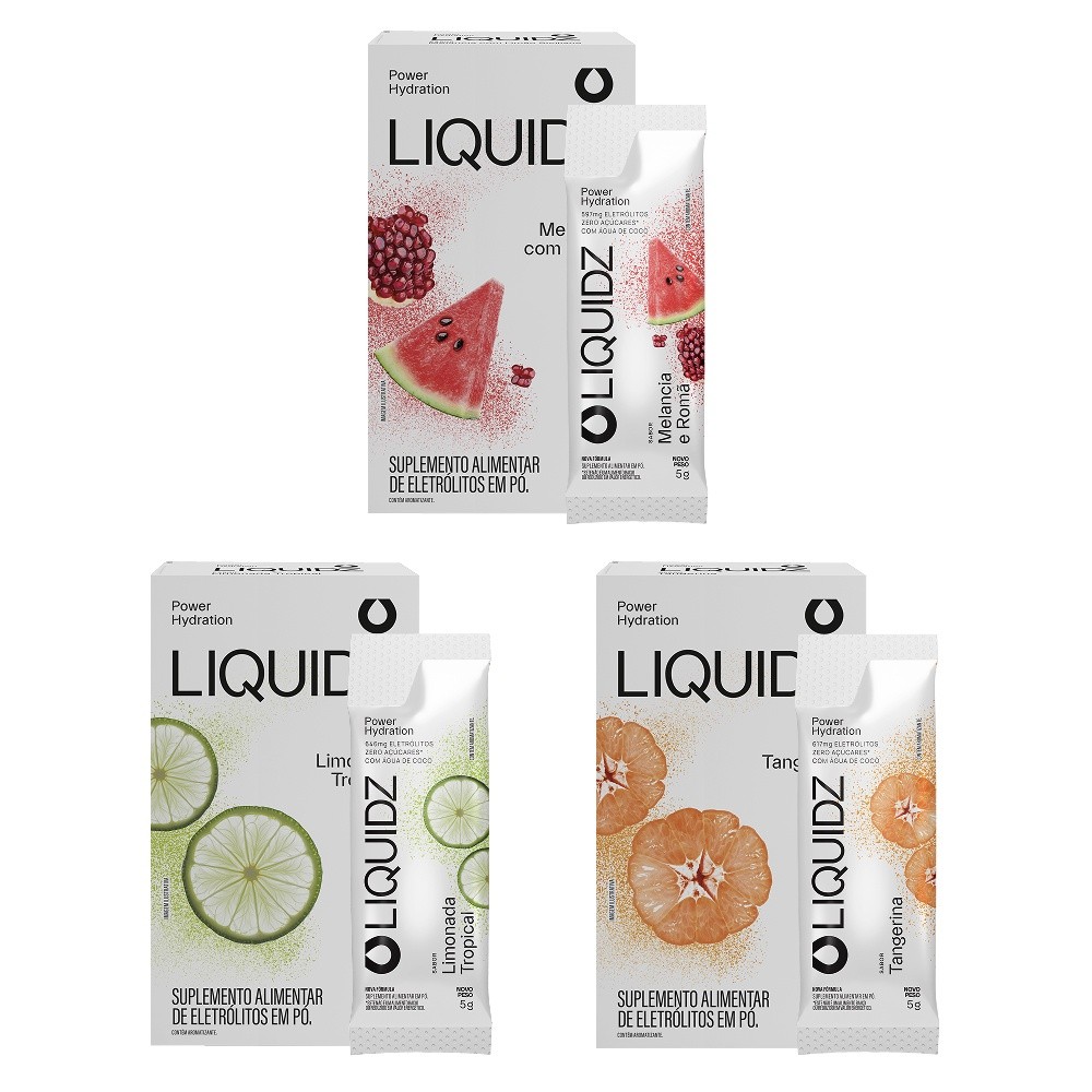 LIQUIDZ® - Eletrólitos Zero Açúcares - Com 3 Sabores - Kit 3 Caixas 18 sachês