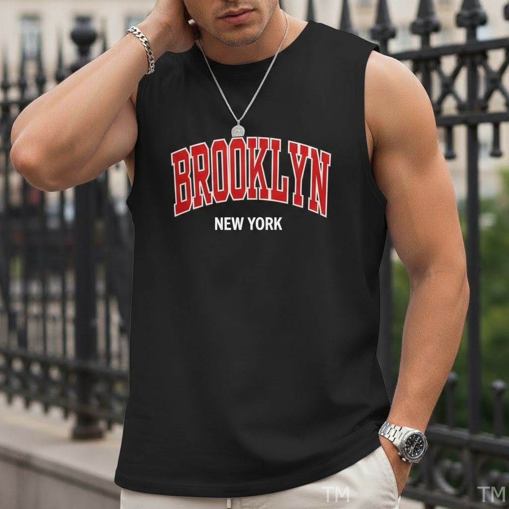 Regata Estilosa Casual Gola Redonda Masculina Estampada Brooklyn Academia Street Algodão Respirável