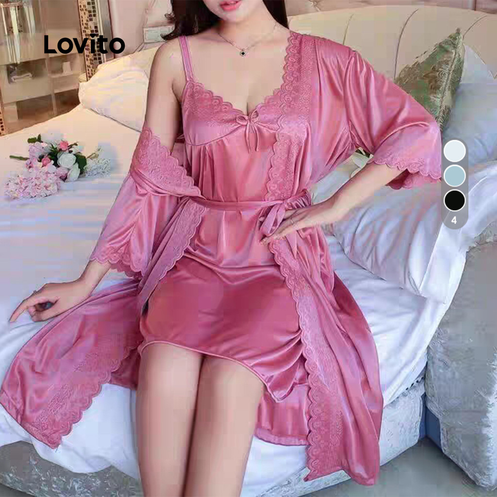 Lovito Robe 2 Peças Seda Bojo Simples Rosa Primavera/Verão Mulheres LNE130175