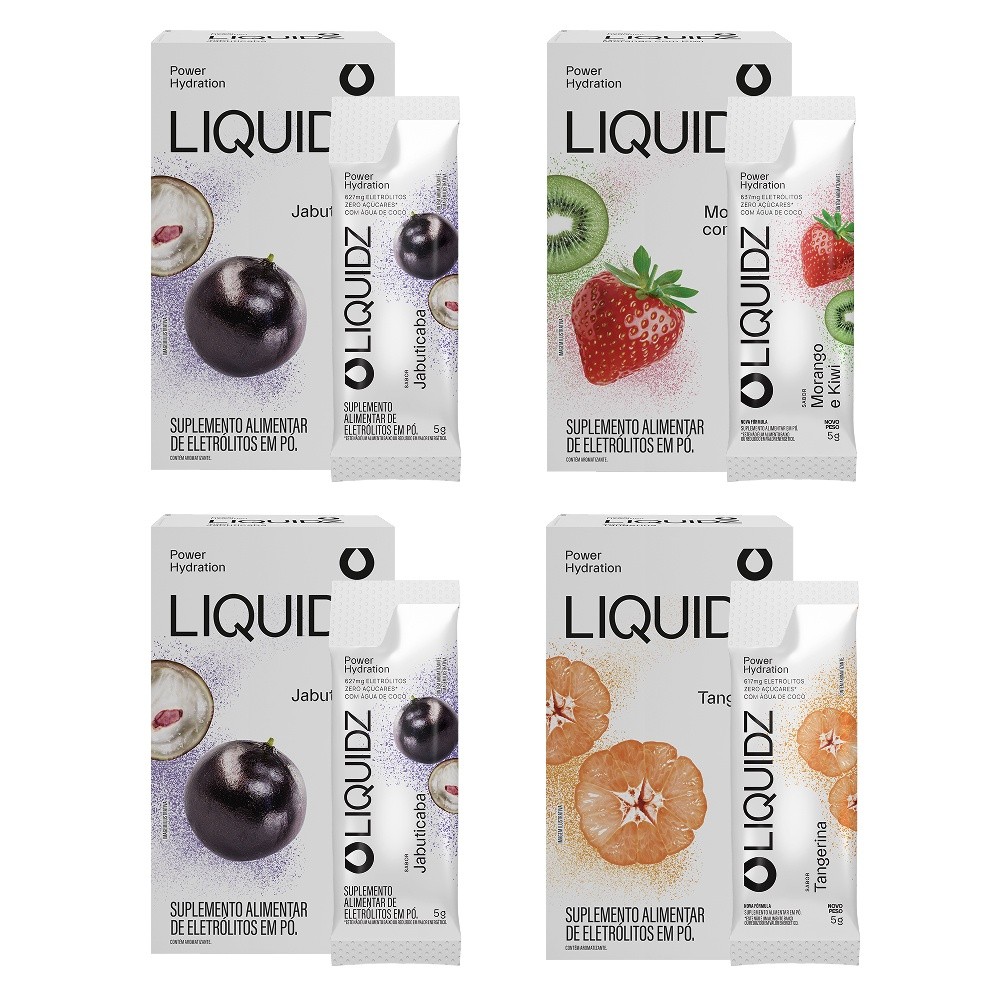 LIQUIDZ®  Eletrólitos Zero Açúcares 3 Sabores - Kit 4 Caixas - 24 sachês