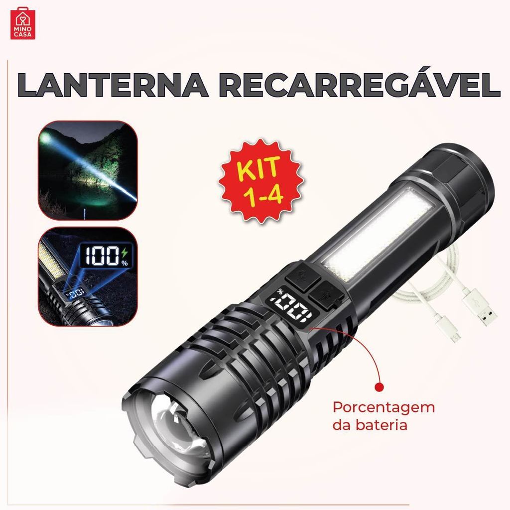 Lanterna Recarregável Led com painel status de bateria carregador USB Bivolt