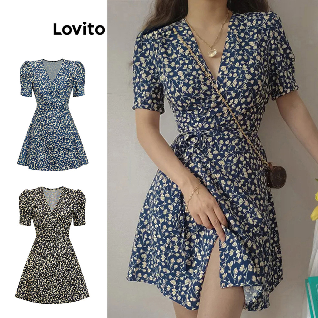 Lovito Vestido Casual Ditsy Floral Wrap Vestido De Verão/primavera Para Mulheres L80ED279 em Oferta na Shopee