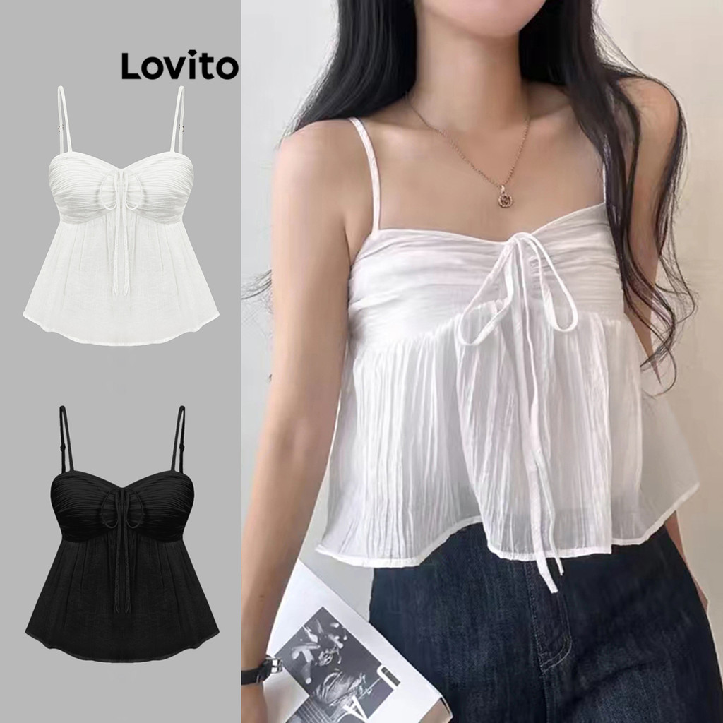 Lovito Regata Casual Lisa Plissada Com Babados E Bainha De Camada Dupla Para Mulheres L87ED118 (Multicolorido) em Oferta na Shopee