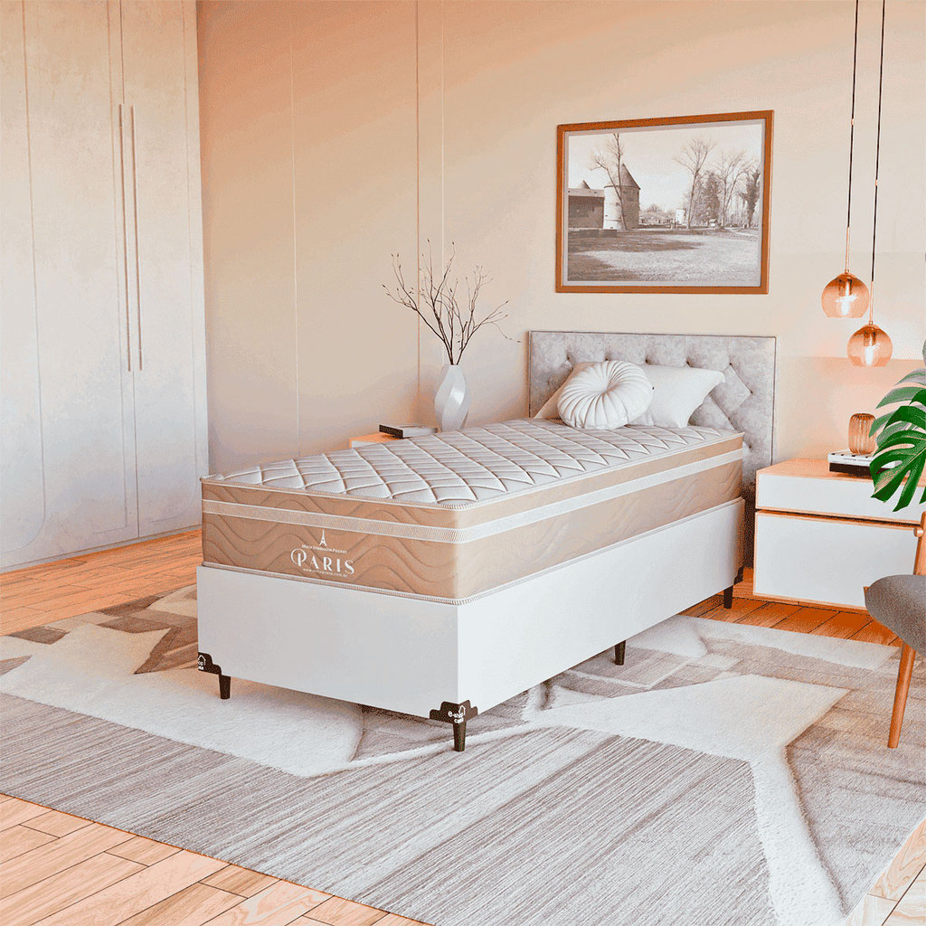 Cama Box Solteiro Branco + Colchão Paris Molas Ensacadas
