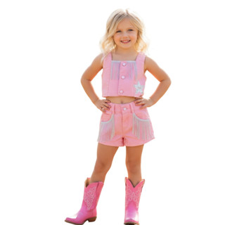 Conjunto Infantil Meninas Cowtry Fantasia Boiadeira Short Jeans Rosa Franjas e Colete Rosa Franjas em Oferta na Shopee