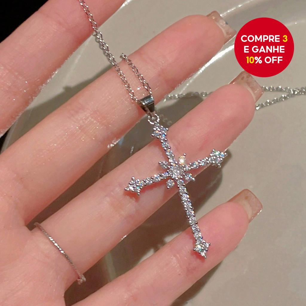 Coreano Diamante Cruz Pingente Colar Feminino Delicado Prata Jóias Acessório De Moda
