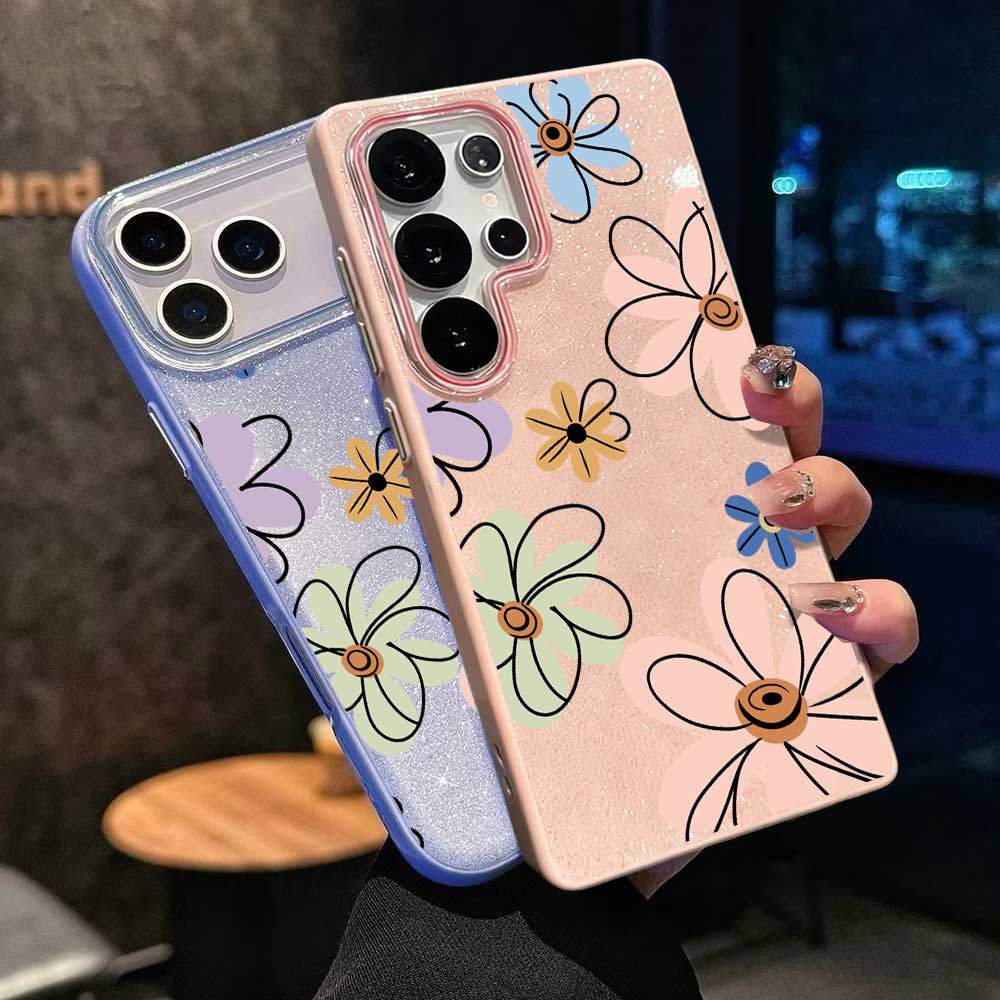 Capa Glitter Para Samsung S26 Ultra S25 S24 Plus S23 FE S22 S21 S20 A17 A07 A06 A15 A16 A56 A36 Flor Simples Luxo Macia 