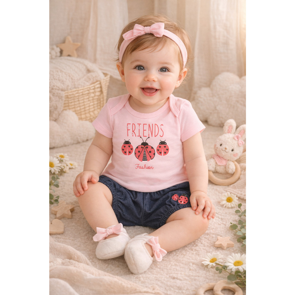 Conjunto Bebê Menina Body em Suedine Joaninha e Bermuda Cotton Jeans com Aplique Joaninha Zupa Zuka