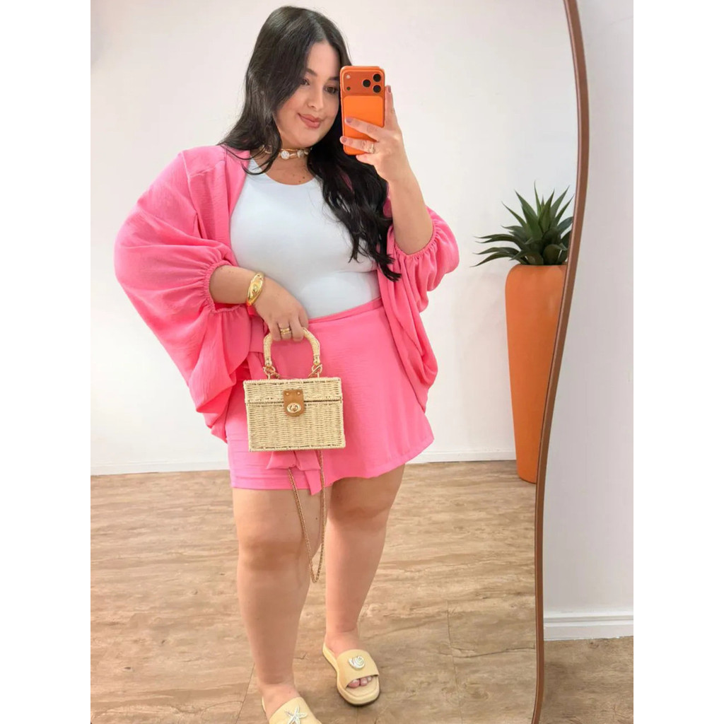 Conjunto Mabel Short Saia + Kimono Tecido Duna Moda Feminina Verão Elegante Casual Tendência
