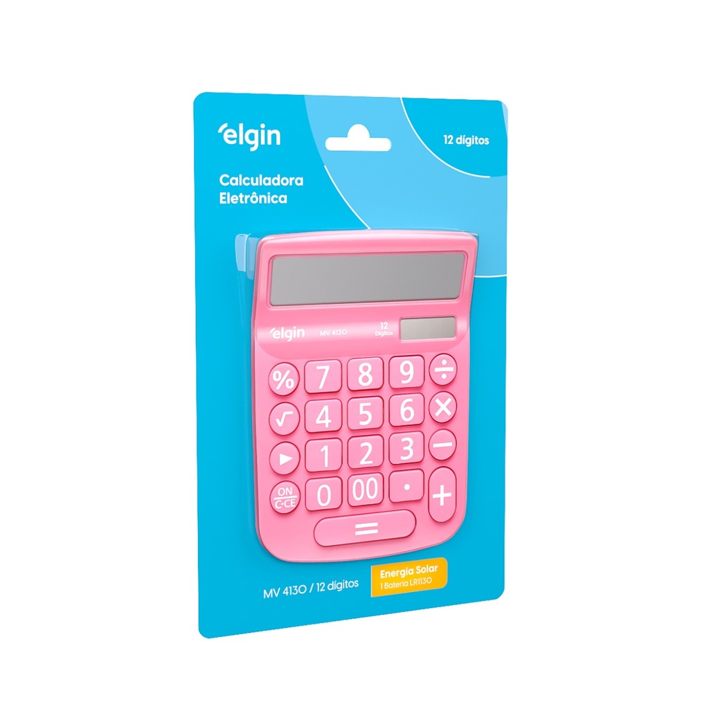 Calculadora Mesa 12 Dígito Solar Bateria MV4130 Rosa Elgin