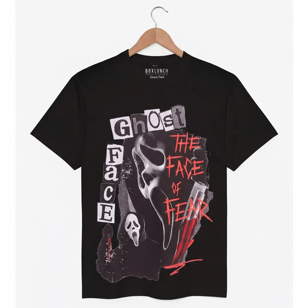 2026 Camiseta OversizedUnissex Alta Qualidade   Branca , Design  "Ghost Face" e Texto "THE FACE OF FEAR", Moda de Terror