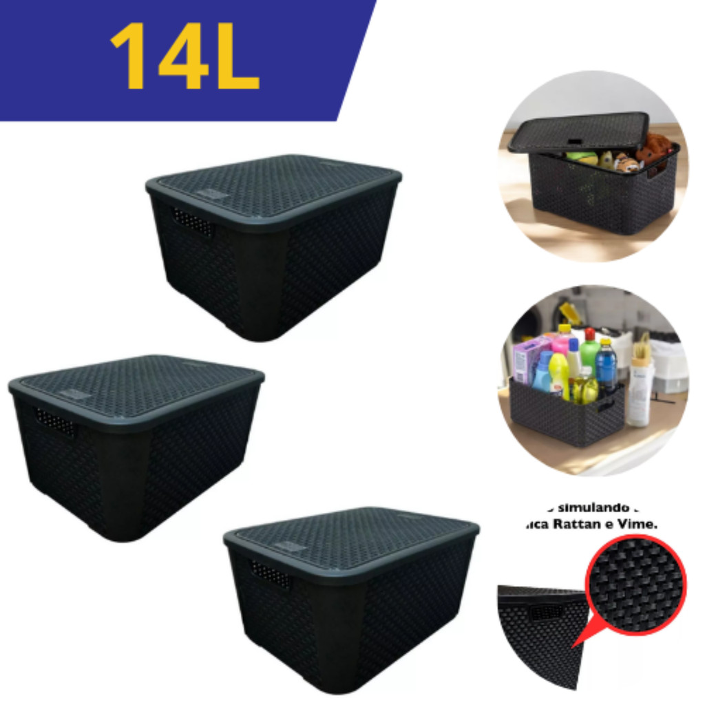 Kit 3 Caixas Organizadoras Rattan 14 litros Preta com Tampa Multiuso Brinquedos Roupas