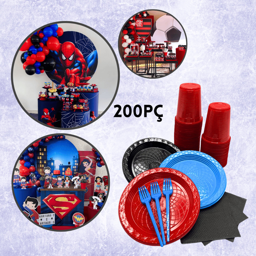 Kit Festa Aniversário Descartável 200 Peças Temático Criança Personagens: 50 Pratos, 50 Copos, 50 Garfos 50 Guardanapos