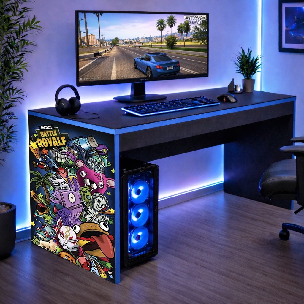 Mesa FortNite Escrivaninha Gamer Borda Azul quarto infantil 90 CM Achadinho oferta