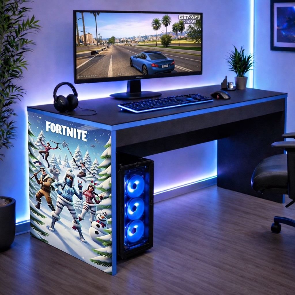 Mesa Escrivaninha Gamer Infantil com borda Azul Modelo Fortnite Gelo Neve 90 CM Oferta Achadinho