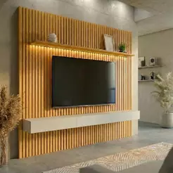 Painel Ripado com Rack Suspenso até 70 Polegadas Tulum com LED 1 PT 2 GV Cedro e Off White Alt 218 Larg 222 cm