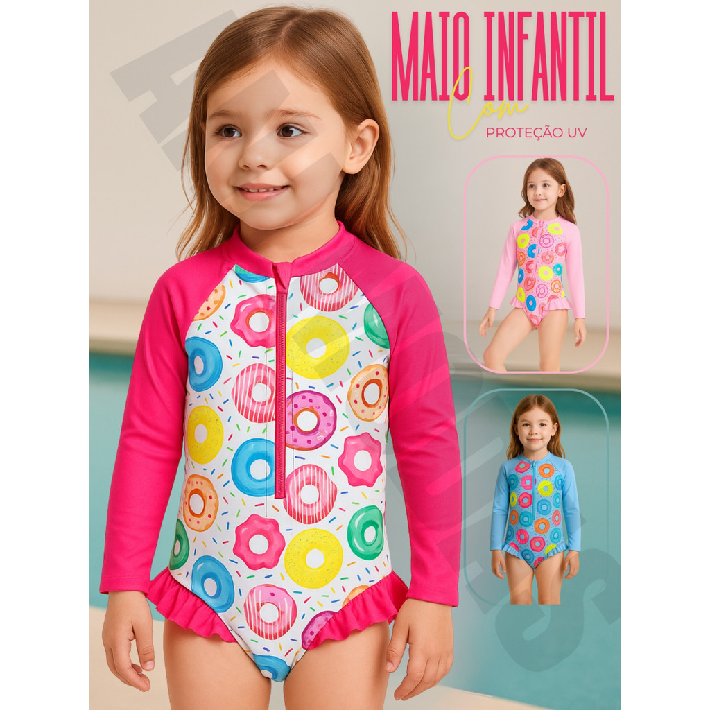 Maiô Manga Longa Infantil UV 50+ Secagem Rápida Ideal Praia e Piscina Menina