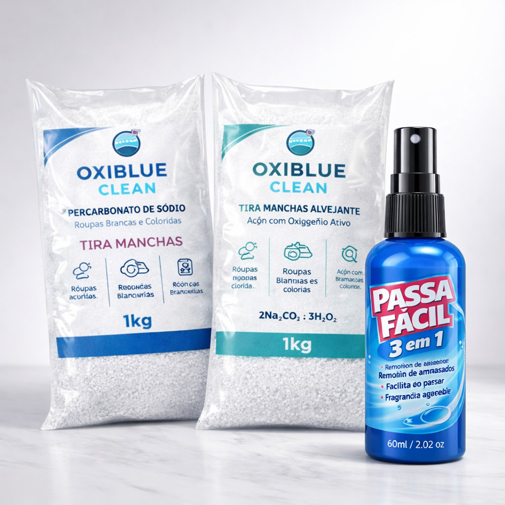 Percarbonato de sódio 1kg + Tira manchas alvejante 1kg + Facilitador de Passar Roupas 1Un
