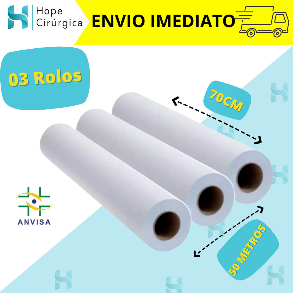 Kit 3 Lençóis Descartáveis de Papel Premium Hospitalar para Maca 70x50 cm cada rolo