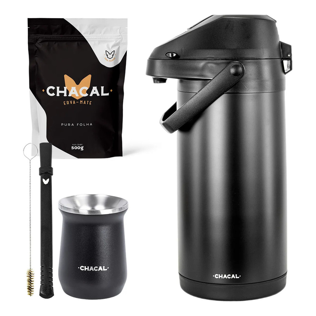 Kit Tereré Chacal Copo Preto Bomba Garrafa Térmica Preta 4l E Erva