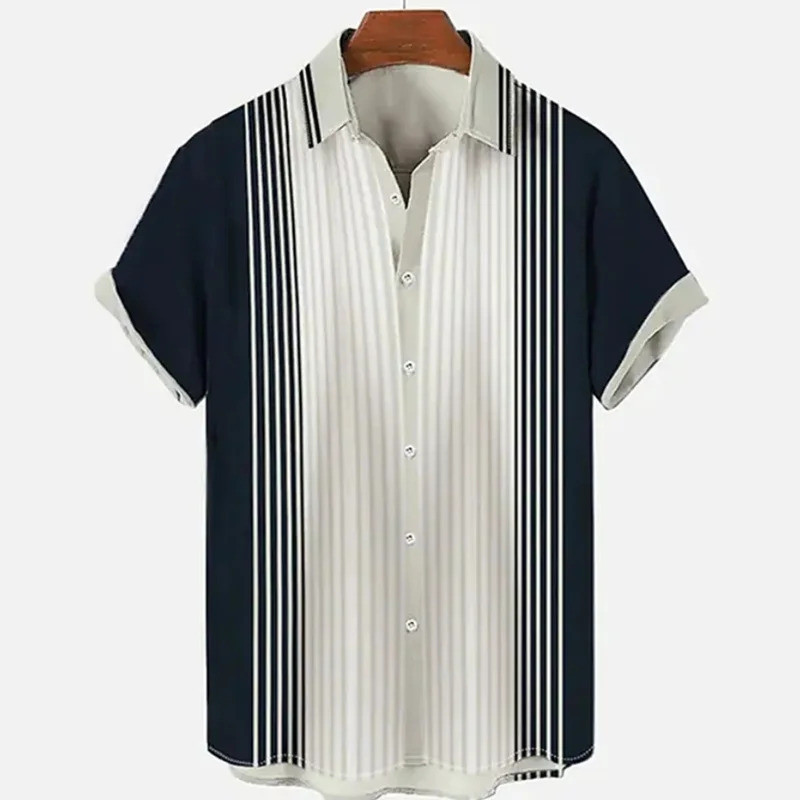 Camisa Havaiana Masculina Listrada Simples, Camisa Casual de Manga Curta, Tamanho Europeu 2023, Camisa Masculina da Moda