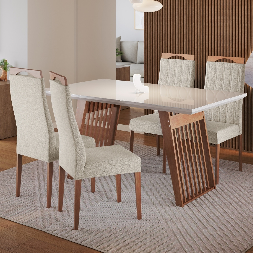 Conjunto Sala de Jantar Mesa 136cm com Tampo de Vidro Moscou com 4 Cadeiras Grécia Madetal