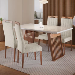 Conjunto Sala de Jantar Mesa 136cm com Tampo de Vidro Moscou com 4 Cadeiras Grécia Madetal
