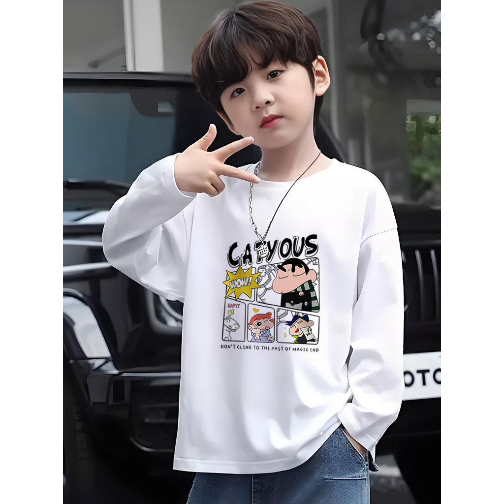2025 crianças estilo branco primavera outono estilo manga comprida camiseta meninos puro algodão dos desenhos animados c