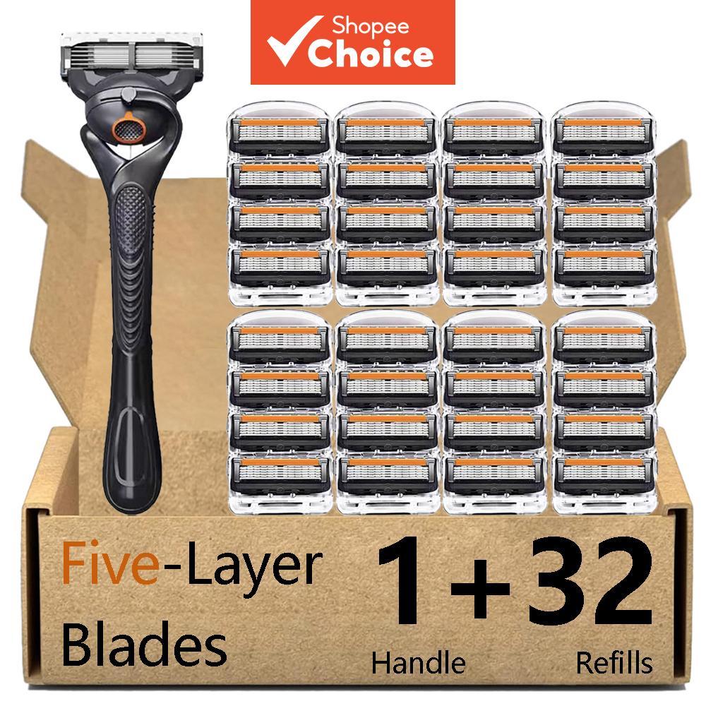 Conjunto De Barbeador Manual Masculino De 5 Camadas-1 Alça E 32 Lâminas , Punho De Metal Antiderrapante , De Aço Inoxidá