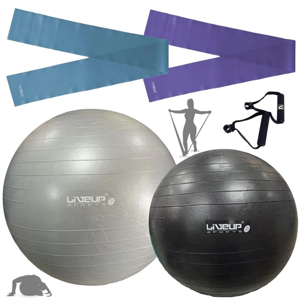 Kit Bolas Suiças Pilates Preta 65cm + Cinza 85cm + Bomba Inflar+ Faixas Elasticas 2 Tensoes+ Puxador