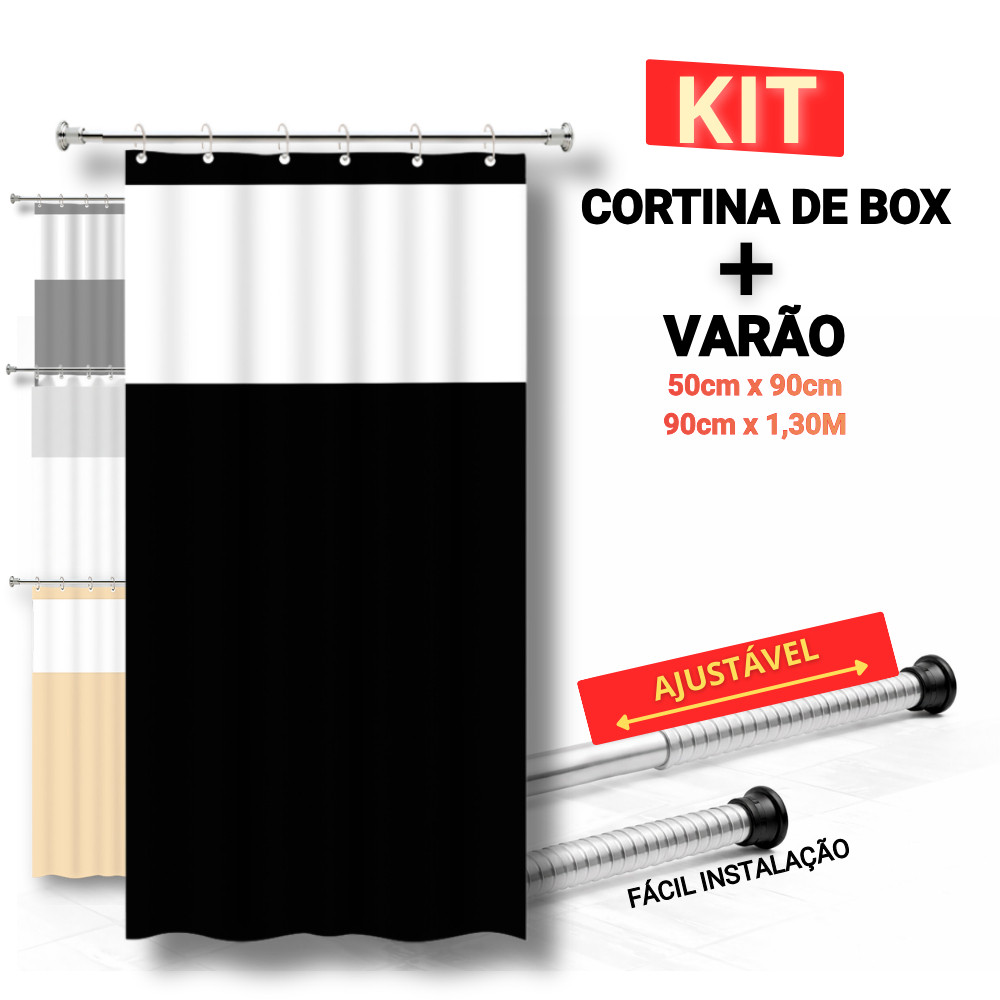Kit Suporte Varão Bastão P/ Banheiro 90cm x 1,30m / 50cm x 90cm + 1 Cortina de Box c/ Visor Antimofo em Oferta na Shopee