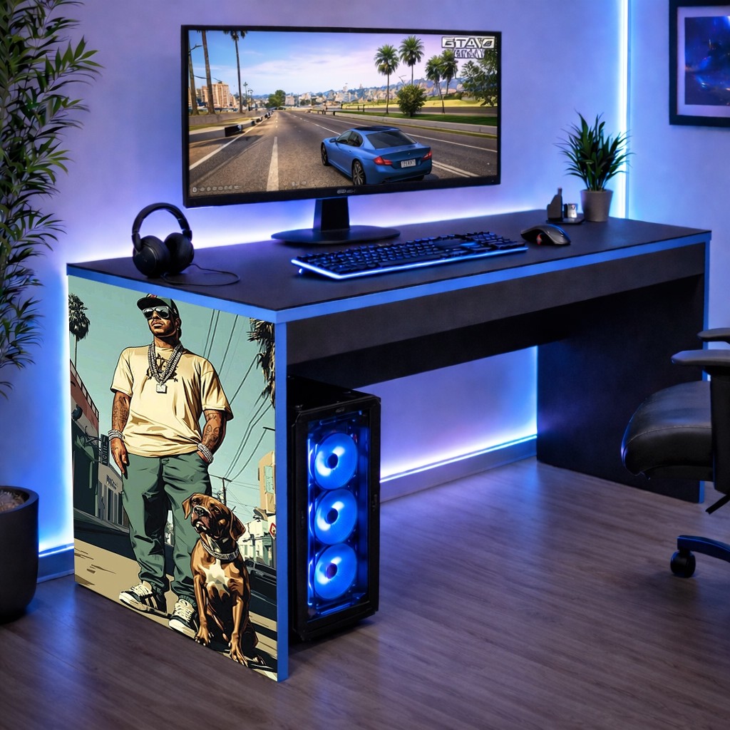Mesinha Preto Escrivaninha Gamer Mesa Bordas Azul GTA Personalizado Achadinho Oferta Shopee 90 CM