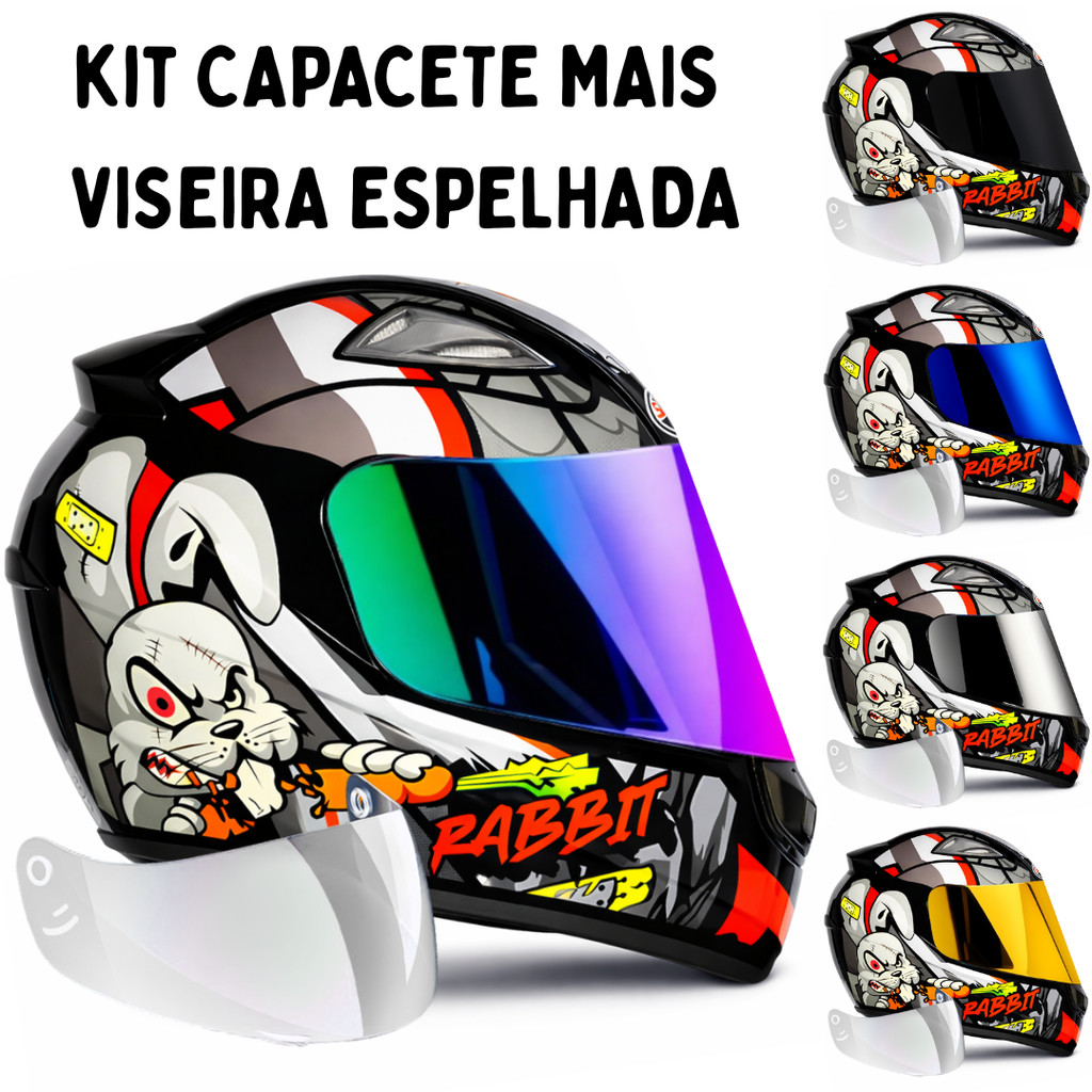 Capacete Ebf Rabbit Prata C/Narigueira + Viseira Espelhada Colorida