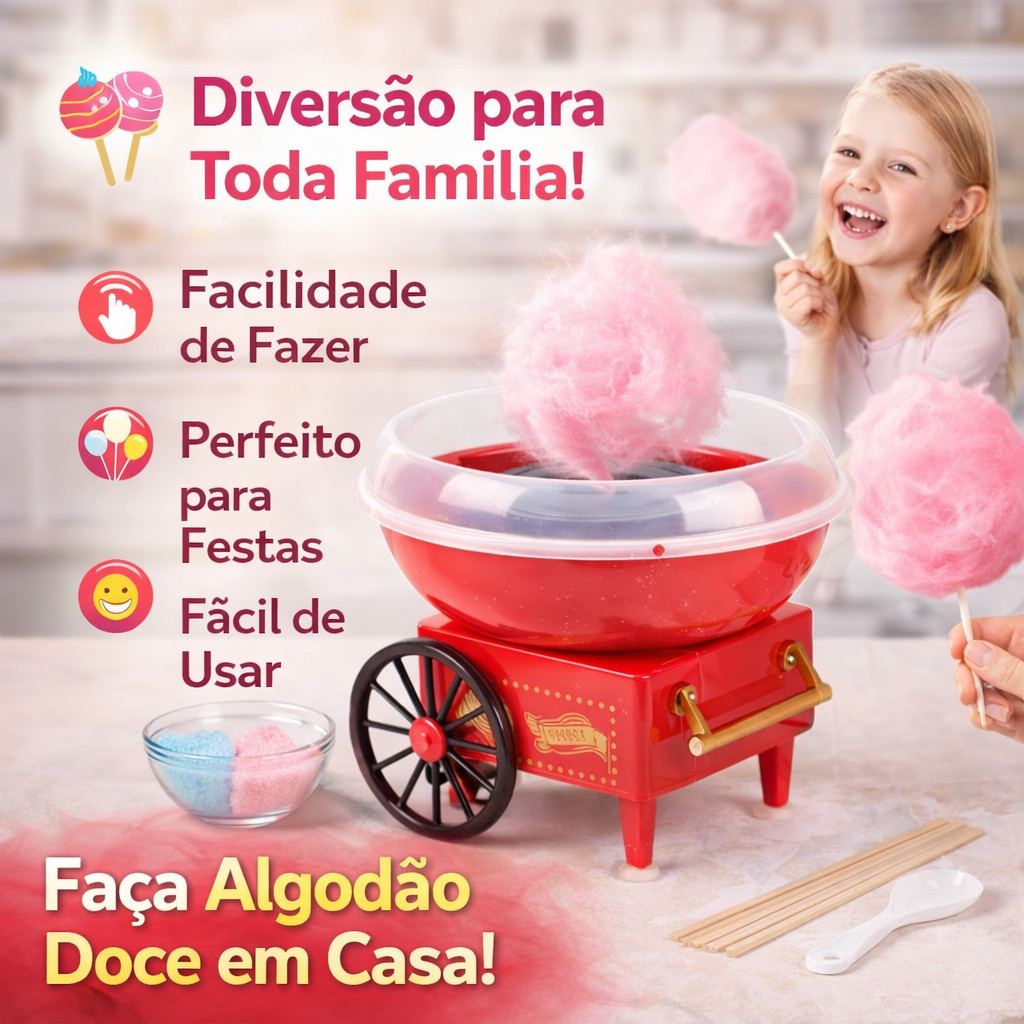 Máquina de Algodão Doce Elétrica Infantil para Fazer Algodão Doce em Casa