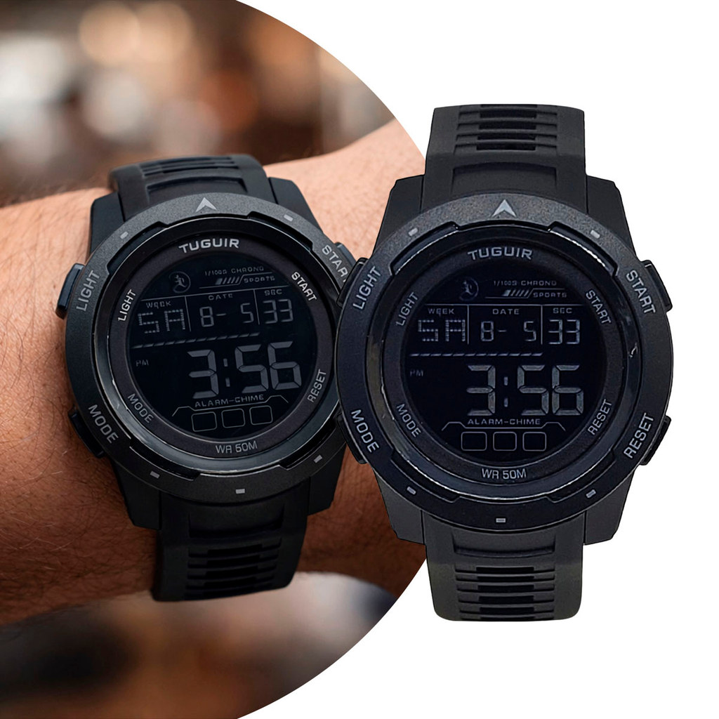 Relógio Masculino Digital Preto de Pulso com Pulseira de Silicone à Prova D' Água Tático Militar Shock Tuguir Original