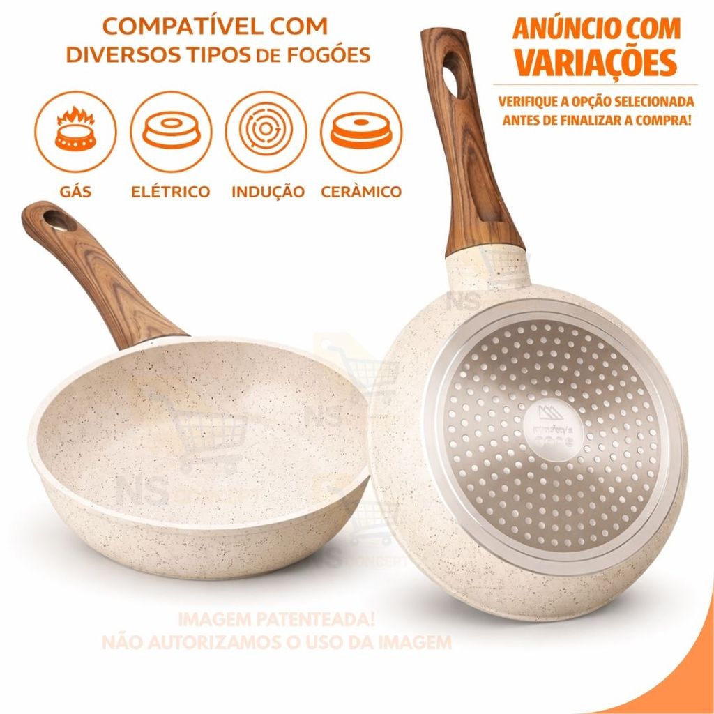 Frigideira Antiaderente Revestimento Cerâmico Cabo Madeira Não Gruda Compatível Fogões Gás Elétrico Indução Saude