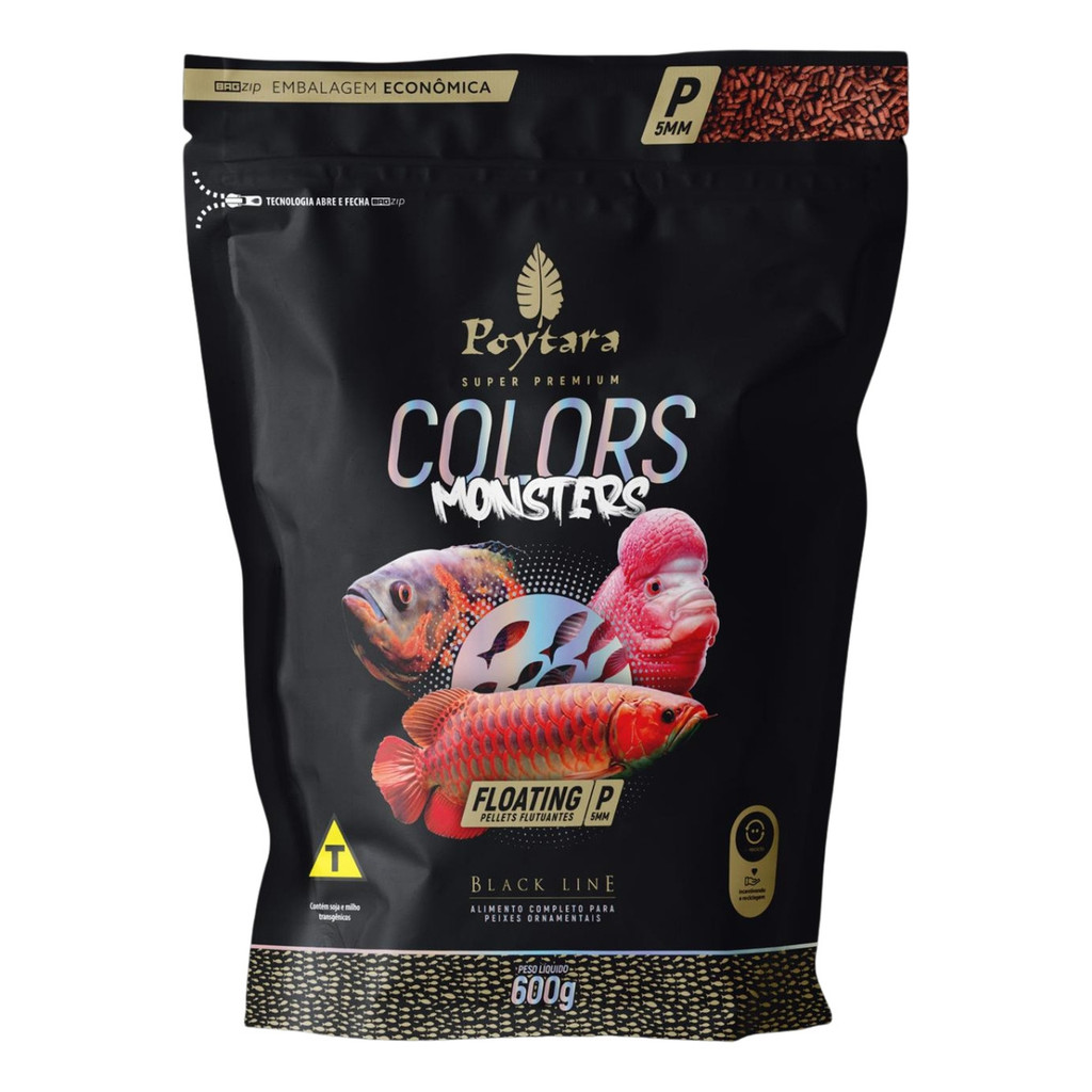 Ração Poytara Colors Monsters Floating P 600g Intensifica Cores Peixes Ornamentais Alimento Super Premium