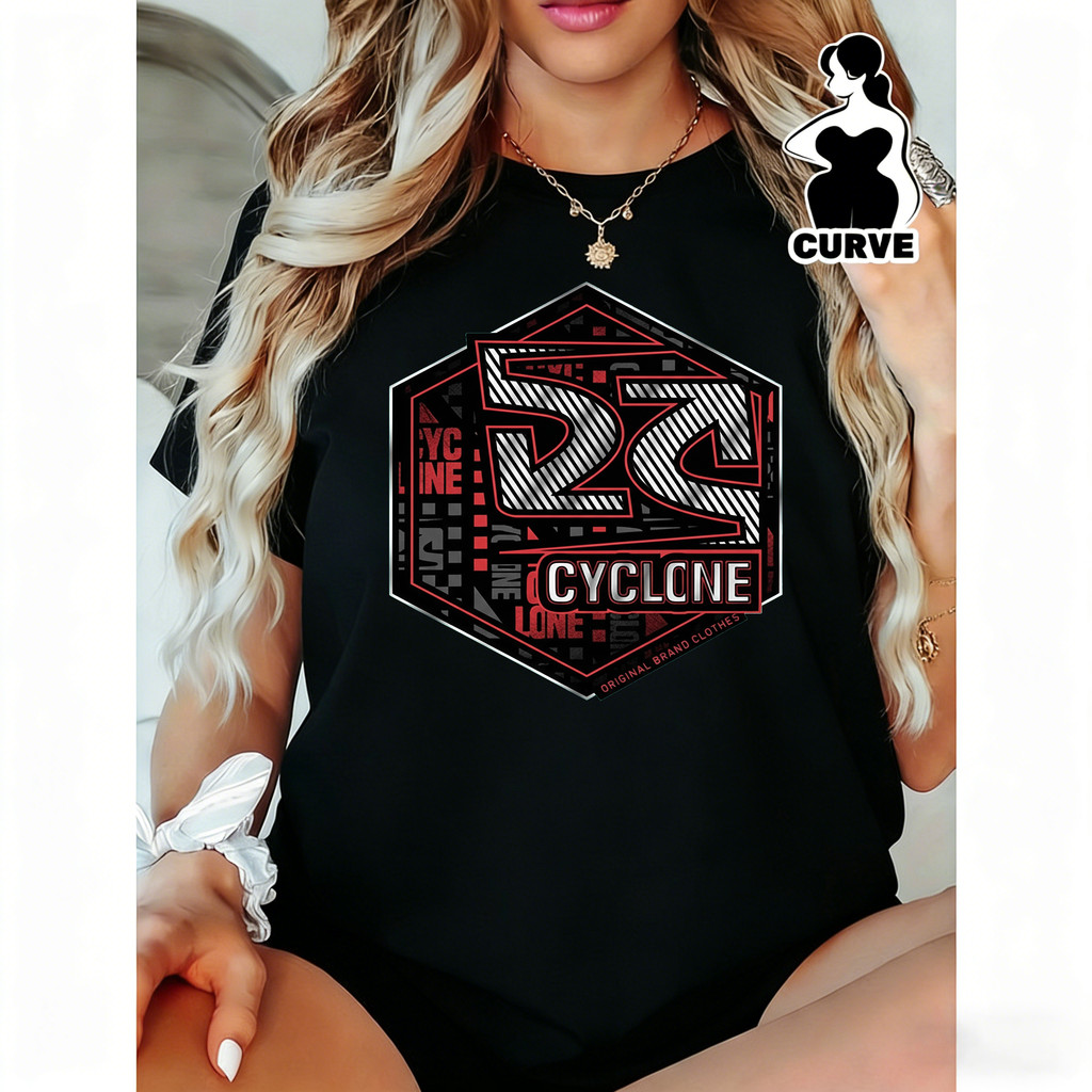 Camiseta Feminina Cyclone Estampa Preta Vermelha Moderna Estilosa Tendência