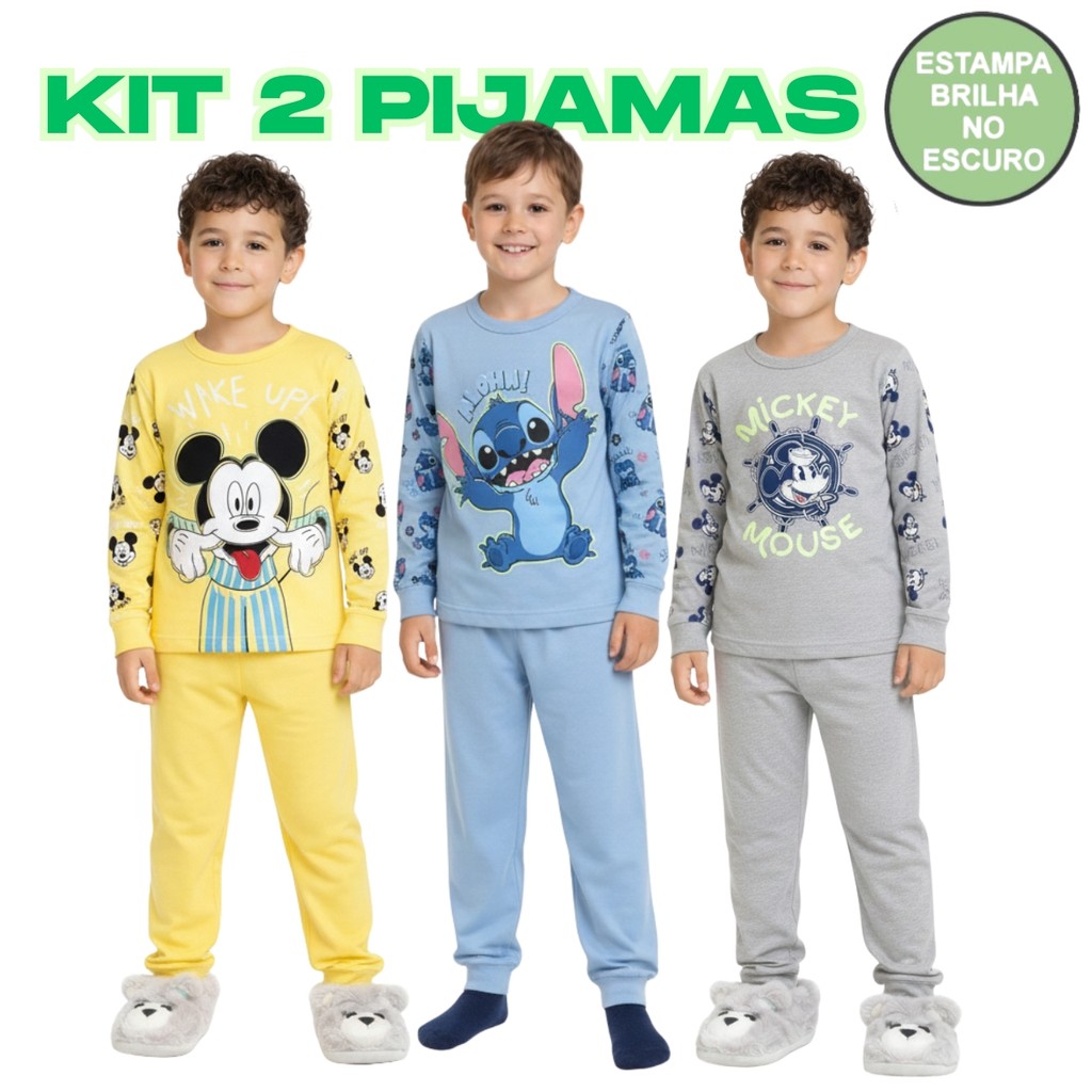 Kit 2 Pijamas Brilha no Escuro Personagens Manga Longa Menino Infantil Mickey Homem Aranha Inverno