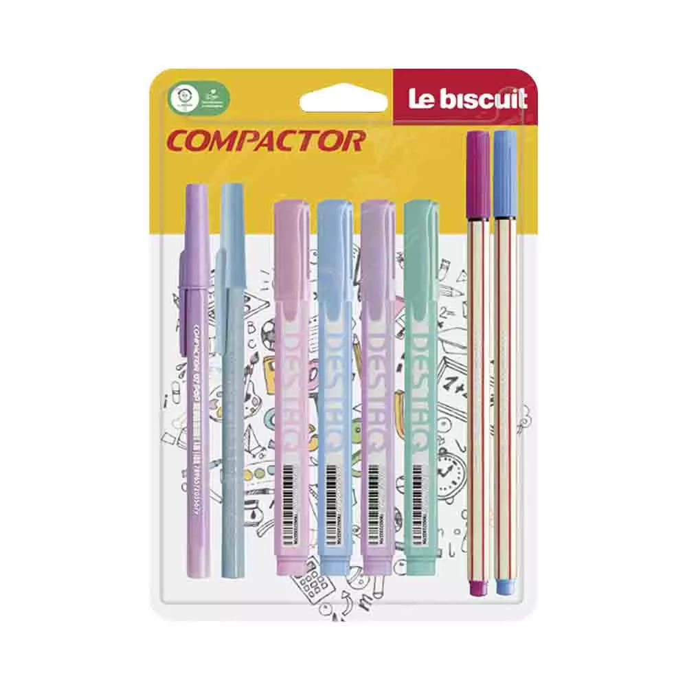 Kit Escrita Compactor 2 Canetas Pop, 2 Canetas Microlines, 4 Marcadores Destaq Pastel  Exclusivo Le
